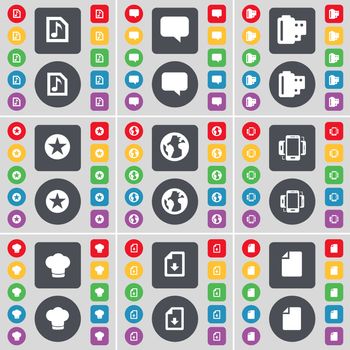 Music file, Chat bubble, Negative films, Star, Earth, Smartphone, Cooking hat, File icon symbol. A large set of flat, colored buttons for your design. illustration