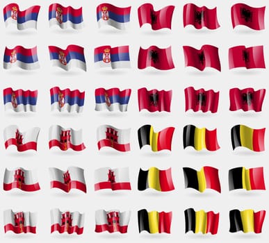 Serbia, Albania, Gibraltar, Belgium. Set of 36 flags of the countries of the world. illustration