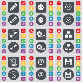 Pencil, Stopwatch, Arrow down, DVD, Network, Smartphone, Mail, Floopy icon symbol. A large set of flat, colored buttons for your design. illustration