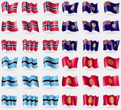 Norway, Turks and Caicos, Botswana, Kyrgyzstan. Set of 36 flags of the countries of the world. illustration