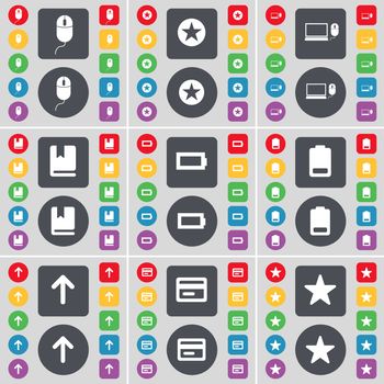 Mouse, Star, Laptop, Dictionary, Battery, Arrow up, Credit card, Star icon symbol. A large set of flat, colored buttons for your design. illustration