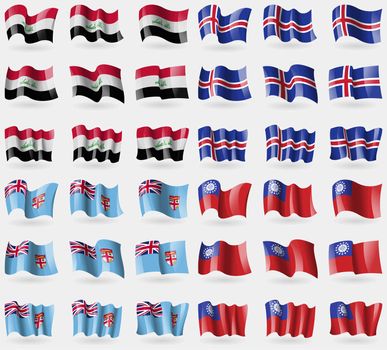 Iraq, Iceland, Fiji, MyanmarBurma. Set of 36 flags of the countries of the world. illustration