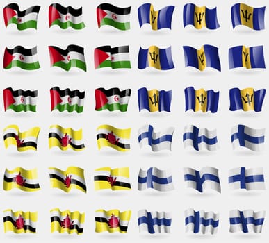 Western Sahara, Barbados, Brunei, Finland. Set of 36 flags of the countries of the world. illustration