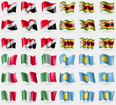 Sealand Principality, Zimbabwe, Italy, Palau. Set of 36 flags of the countries of the world. illustration