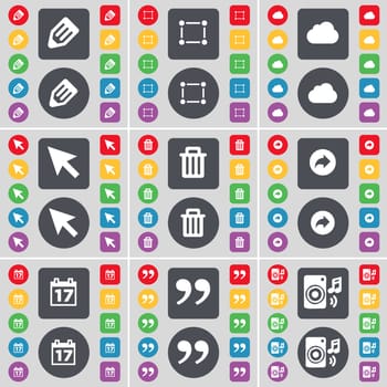Pencil, Frame, Cloud, Cursor, Trash can, Back, Calendar, Quotation mark, Speaker icon symbol. A large set of flat, colored buttons for your design. illustration