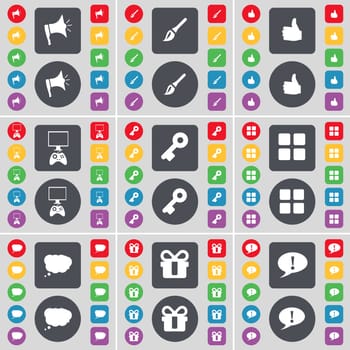 Megaphone, Brush, Like, Game console, Key, Apps, Chat cloud, Gift, Chat bubble icon symbol. A large set of flat, colored buttons for your design. illustration