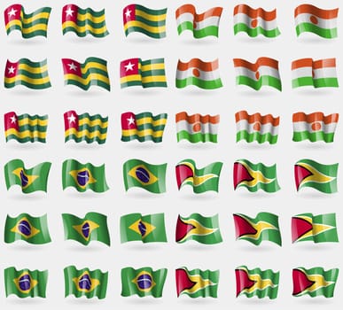 Togo, Niger, Brazil, Guyana. Set of 36 flags of the countries of the world. illustration