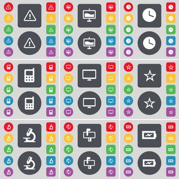 Warning, Graph, Clock, Mobile phone, Monitor, Star, Microscope, Mailbox, Charging icon symbol. A large set of flat, colored buttons for your design. illustration