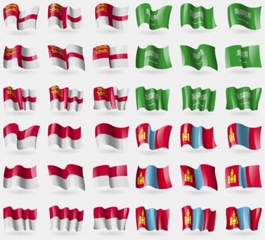 Sark, Saudi Arabia, Indonesia, Mongolia. Set of 36 flags of the countries of the world. illustration