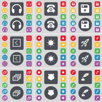 Headphones, Retrophone, Floppy, Arrow left, Light, Rocket, Gallery, Police badge, Ink pot icon symbol. A large set of flat, colored buttons for your design. illustration