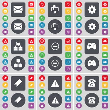 Message, Mailbox, Gear, Network, Minus, Gamepad, Marker, Warning, Retro phone icon symbol. A large set of flat, colored buttons for your design. illustration