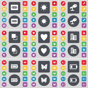 Cassette, Light, Microphone, Copy, Heart, Building, Battery, Butterfly icon symbol. A large set of flat, colored buttons for your design. illustration