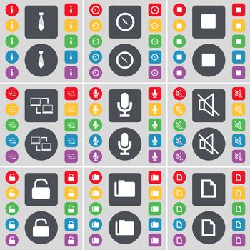 Tie, Compass, Media stop, Connection, Microphone, Mute, Lock, Folder, File icon symbol. A large set of flat, colored buttons for your design. illustration