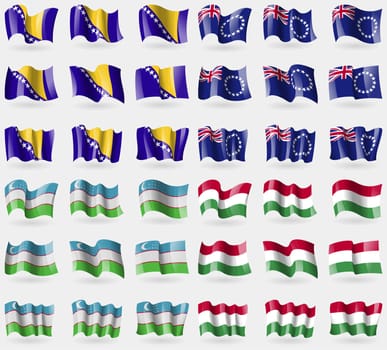 Bosnia and Herzegovina, Cook Islands, Uzbekistan, Hungary. Set of 36 flags of the countries of the world. illustration