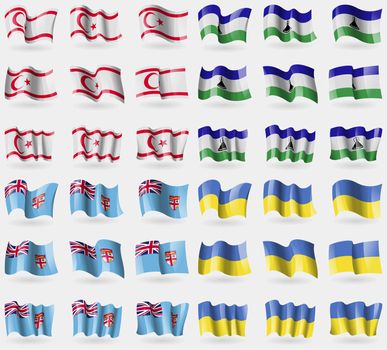 Turkish Northern Cyprus, Lesothe, Fiji, Ukraine. Set of 36 flags of the countries of the world. illustration