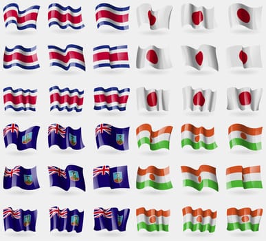 Costa Rica, Japan, Montserrat, Niger. Set of 36 flags of the countries of the world. illustration