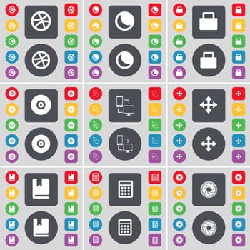 Ball, Moon, Lock, Disk, Connection, Moving, Dictionary, Calculator, Lens icon symbol. A large set of flat, colored buttons for your design. illustration