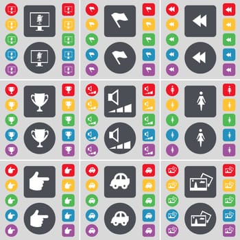 Monitor, Flag, Rewind, Cup, Volume, Silhouette, Hand, Car, Picture icon symbol. A large set of flat, colored buttons for your design. illustration