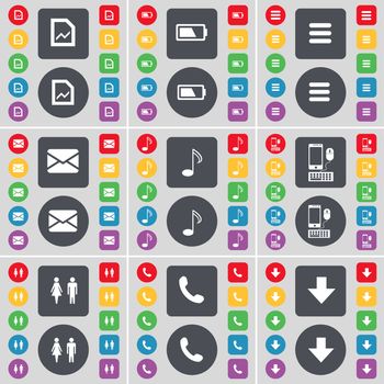 Graph file, Battery, Apps, Message, Note, Smartphone, Silhouette, Receiver, Arrow down icon symbol. A large set of flat, colored buttons for your design. illustration