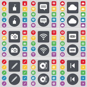 Flag tower, Chat bubble, Cloud, Camera, Wi-Fi, Cassette, Pencil, Gramophone, Media skip icon symbol. A large set of flat, colored buttons for your design. illustration