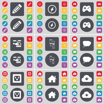 Pencil, Flash, Gamepad, Helicopter, Connection, Chat cloud, Socket, House, Cloud icon symbol. A large set of flat, colored buttons for your design. illustration