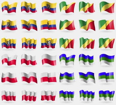 Ecuador, Congo Republic, Poland, Komi. Set of 36 flags of the countries of the world. illustration