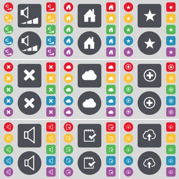 Volume, House, Star, Stop, Cloud, Plus, Sound, Survey icon symbol. A large set of flat, colored buttons for your design. illustration