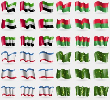 United Arab Emirates, Burkia Faso, Crimea, Adygea. Set of 36 flags of the countries of the world. illustration