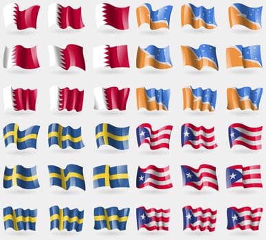 Bahrain, Tierra del Fuego Province, Sweden, Puerto Rico. Set of 36 flags of the countries of the world. illustration