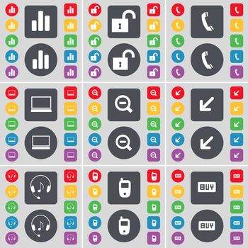 Diagram, Lock, Receiver, Laptop, Minus, Deploying screen, Headphones, Mobile phone, Buy icon symbol. A large set of flat, colored buttons for your design. illustration