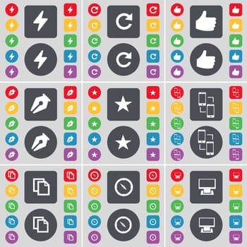 Flash, Reload, Like, Ink pen, Star, Connection, Copy, Compass, Monitor icon symbol. A large set of flat, colored buttons for your design. illustration