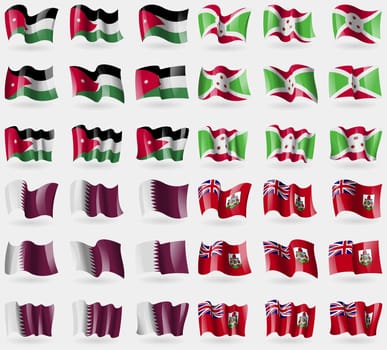 Jordan, Burundi, Qatar, Bermuda. Set of 36 flags of the countries of the world. illustration