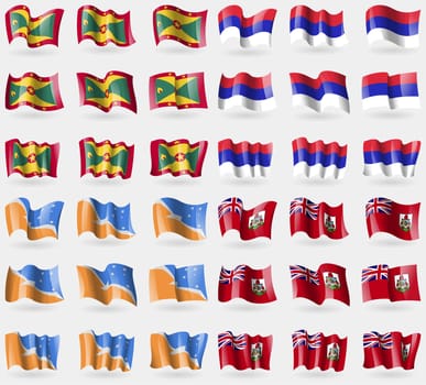 Grenada, Republika Srpska, Tierra del Fuego Province, Bermuda. Set of 36 flags of the countries of the world. illustration