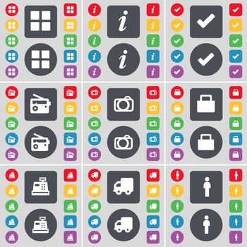 Apps, Information, Tick, Radio, Camera, Lock, Cash register, Truck, Silhouette icon symbol. A large set of flat, colored buttons for your design. illustration