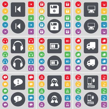 Media skip, Floppy, Monitor, Headphones, Battery, Truck, Chat bubble, Avatar, Smartphone icon symbol. A large set of flat, colored buttons for your design. illustration