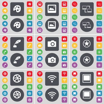 Palette, Media window, Connection, Ink pot, Camera, Star, Ball, Wi-Fi, Window icon symbol. A large set of flat, colored buttons for your design. illustration