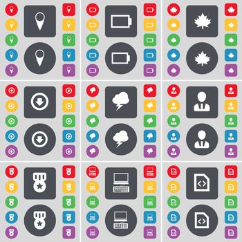 Checkpoint, Battery, Maple leaf, Arrow down, Lightning, Avatar, Medal, Laptop, File icon symbol. A large set of flat, colored buttons for your design. illustration