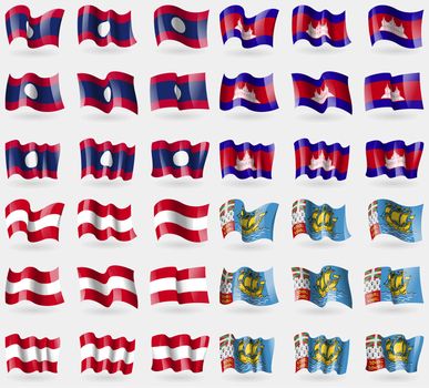 Laos, Cambodia, Austria, Saint Pierre and Miquelon. Set of 36 flags of the countries of the world. illustration