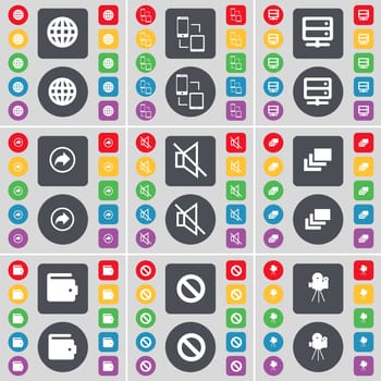 Globe, Connection, Server, Back, Mute, Gallery, Wallet, Stop, Film camera icon symbol. A large set of flat, colored buttons for your design. illustration