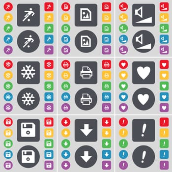 Football, Media file, Volume, Snowflake, Printer, Heart, Floppy, Arrow down, Exclamation mark icon symbol. A large set of flat, colored buttons for your design. illustration