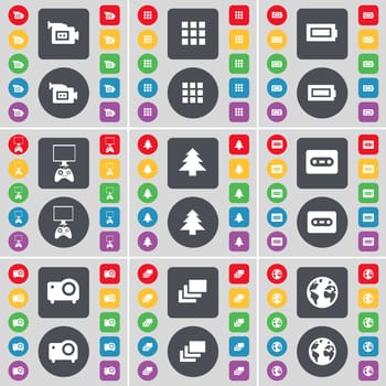 Film camera, Apps, Battery, Game console, Firtree, Cassette, Projector, Gallery, Earth icon symbol. A large set of flat, colored buttons for your design. illustration