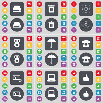 Hard drive, Trash can, Star, Medal, Umbrella, Retro phone, Picture, Laptop, Like icon symbol. A large set of flat, colored buttons for your design. illustration