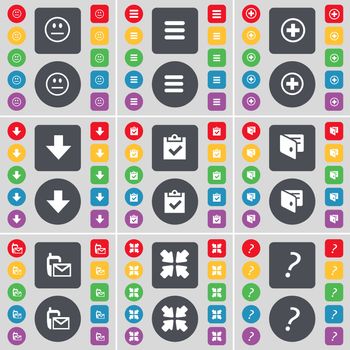 Smile, Apps, Plus, Arrow down, Survey, Wallet, SMS, Deploying screen, Question mark icon symbol. A large set of flat, colored buttons for your design. illustration