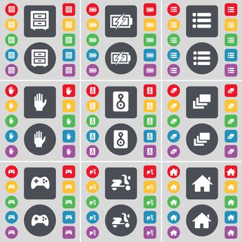 Bed-table, Charging, List, Hand, Speaker, Gallery, Gamepad, Scooter, House icon symbol. A large set of flat, colored buttons for your design. illustration