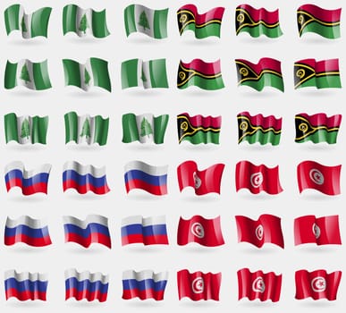Norfolk Island, Vanuatu, Russia, Tunisia. Set of 36 flags of the countries of the world. illustration