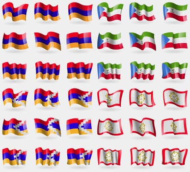 Armenia, Equatorial Guinea, Karabakh Republic, Sikkim. Set of 36 flags of the countries of the world. illustration