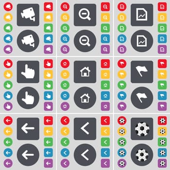 CCTV, Minus, Graph, Hand, House, Flag, Arrow left, Ball icon symbol. A large set of flat, colored buttons for your design. illustration