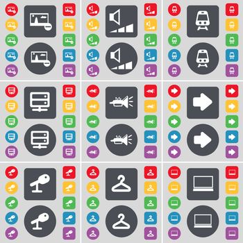 Picture, Volume, Train, Server, Trumped, Arrow right, Microphone, Hanger, Laptop icon symbol. A large set of flat, colored buttons for your design. illustration
