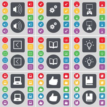 Sound, Gear, Game console, Arrow left, Book, Light bulb, Laptop, Like, Dictionary icon symbol. A large set of flat, colored buttons for your design. illustration