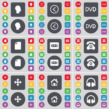 Silhouette, Arrow left, DVD, File, Cassette, Retro phone, Moving, House, Headphones icon symbol. A large set of flat, colored buttons for your design. illustration